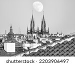 Monochrome picture with the two gothic towers of   the Church of Our Lady before Týn (Chram Matky Bozí pred Tynem) in the old square town of Prague, Czech Republic