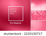 Small photo of New trendy color of year 2023 - Viva Magenta. Fashion color palette sample. Abstract blurred swatch colors collage. Viva Magenta