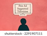 Free Ad-Supported Television (FAST) inscription on paper cut television with a man silhouette. Entertainment concept.