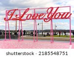 Small photo of Alexandria, VA, USA - April 30, 2022: A temporary public art installation by Roberto Behar and Rosario Marquardt entitled "I Love You," has become a Waterfront Park landmark in Alexandria's Old Town.