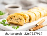 Tamagoyaki, Japanese rolled omelette, selective focus