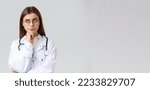 Small photo of Healthcare workers, medicine, insurance and covid-19 pandemic concept. Concerned unsure young female doctor making serious decision, smirk look up thoughtful, smirk displeased, thinking tough choice.