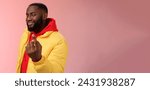 Small photo of Cheeky flirty black bearded guy asking come closer beckon index finger camera smiling make smug face have plans for you alluring join, standing pink background devious grin. Emotions concept
