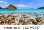 Small photo of beautiful beach view Koh Chang island seascape at Trad province Eastern of Thailand on blue sky background , Sea island of Thailand landscape