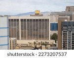 Small photo of Las Vegas, Nevada USA November 7, 2022 Resorts in Las Vegas as seen from the 28th Floor of the Paris Hotel; The Flamingo, The Mirage, Trump Tower, Treasure Island, Harrahs, and the Venetian.