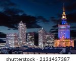 Warsaw, support Ukraine, Warsaw city center panorama by night, business center 2022. Warsaw stands with Ukraine