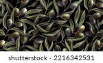 Olive vintage branches, green leaves. Seamless surface pattern, tropical background, dark texture. Hand-painted 3d illustration. Mural, wallpaper, digital art, watercolor design, modern kitchen style