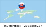 Location of Slovakia on the world map, marked with Slovakia flag pin. Cartographic vector illustration.