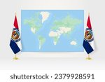 World Map between two hanging flags of Missouri on flag stand. Vector illustration for diplomacy meeting, press conference and other.