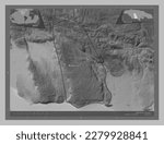 Manchester, parish of Jamaica. Grayscale elevation map with lakes and rivers. Locations and names of major cities of the region. Corner auxiliary location maps