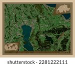 Zug, canton of Switzerland. Low resolution satellite map. Locations and names of major cities of the region. Corner auxiliary location maps