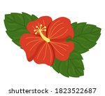 red hibiscus with green leaves... | Shutterstock .eps vector #1823522687