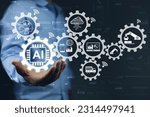 Small photo of Businessman hand holding gears of ai or artificial intelligence developed from natural language processing applied in industrial production process to reduce human error. Modern Industrial 4.0