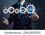 Small photo of Businessman pointing on R and D cog research and development and gear icons as a continuous process. New product development or software development concept. Using AI in the design process.