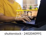 Small photo of Man using laptop computer to help shorten way through the maze for easier simplify process reduce time and cost down and keep necessary indeed fast solution or accurate communication cut unnecessary