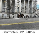 Small photo of Washington DC, USA - 01-10-2023: A mounted policeman walks his house down 15th street in NW Washington DC, USA.