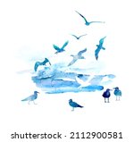 Flying Blue Watercolor Seagulls....