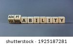 Small photo of Vulnerability or adaptability symbol. Turned wooden cubes and changed words 'vulnerability' to 'adaptability'. Grey background, copy space. Business, vulnerability or adaptability concept.