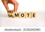 Small photo of Promote or demote symbol. Businessman turns a cube and changes the word 'demote' to 'promote'. Beautiful white table, white background. Business, demote or promote concept. Copy space.