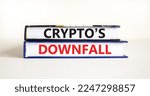Small photo of Crypto downfall symbol. Concept words Cryptos downfall on books. Beautiful white table white background. Business and crypto downfall concept. Copy space.