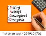 Small photo of MACD symbol. Concept words MACD moving average convergence divergence on white note on beautiful orange background. Business MACD moving average convergence divergence concept. Copy space.