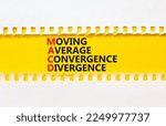 Small photo of MACD symbol. Concept words MACD moving average convergence divergence on yellow paper on beautiful white background. Business MACD moving average convergence divergence concept. Copy space.