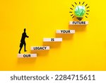 Small photo of Legacy and future symbol. Concept words Our legacy is your future on wooden blocks. Beautiful yellow table yellow background. Businessman icon. Business legacy and future concept. Copy space.