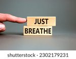 Small photo of Just breathe and psychological symbol. Concept words Just breathe on beautiful wooden block. Beautiful grey background. Businessman hand. Business psychological and Just breathe concept. Copy space