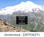 Small photo of Rethink revise rebrand symbol. Concept word Rethink Revise and Rebrand on beautiful blackboard. Beautiful mountain background. Business brand motivational rethink revise rebrand concept. Copy space.