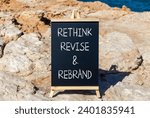 Small photo of Rethink revise rebrand symbol. Concept word Rethink Revise and Rebrand on beautiful blackboard. Beautiful red stone background. Business brand motivational rethink revise rebrand concept. Copy space.