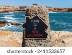 Small photo of Today is a new beginning symbol. Concept words Today is a new beginning on beautiful blackboard. Beautiful stone sea background. Business today is new beginning concept. Copy space.