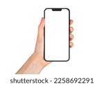Small photo of Lodz, Poland February 05 2023 Phone screen mockup, blank smartphone display in hand isolated on white background. High quality photo