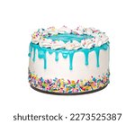 Birthday Cake with a blue ganache drip and colorful sprinkles isolated on a white background