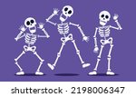 Hand drawn flat halloween skeletons collection.Collection cute creepy characters with skull and bones dancing, jumping, squatting and playing. Scary creature with joints.Vector EPS 10.