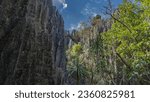 Small photo of Sheer grey limestone cliffs of Tsingy De Bemaraha. Sharp peaks against the blue sky. Green tropical vegetation grows in the gorge. Madagascar. Bekopaka