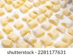 Close-up detail of ready-to-cook potato gnocchi dumplings, lightly dusted and lined up in rows on workbench