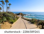 a gorgeous summer landscape at Treasure Island Beach with blue ocean water, sand, palm trees, rocks, and people relaxing on the beach with blue sky in Laguna Beach California USA