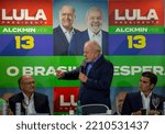 Small photo of SAO PAULO, BRAZIL - OCTOBER 05, 2022 presidential candidate Luiz Inacio Lula da Silva and his vice president Geraldo Alckmin meet with political leaders who declare support for the Brazil Coalition