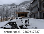 Small photo of Solang Nullah, Himachal Pradesh, India - March 14, 2020: A thick layer of snow on all objects and surroundings after fresh snowfall at a ski resort