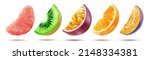Small photo of A set of ripe and bright slices of grapefruit, kiwi, passion fruit, orange and plum flying over a white background.