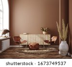 Home interior with ethnic boho decoration, living room in brown warm color, 3d render