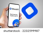 Small photo of New Jersey, US, Nov 2022: hand holding a phone with BlockFi mobile app on screen. White background with blurred logo. BlockFi is a digital asset lender based in Jersey City, New Jersey