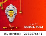 happy durga puja creative banner background design with goddess durga face illustration indian festival
