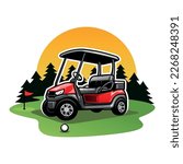 a golf cart with a red flag...