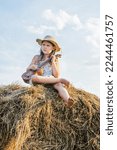Small photo of Nice little girl sit at top of haystack dangling legs and play ukulele. Carefree child resting on hayrick, from below view. Outdoor walking. Beautiful sky. Summer vacation, countryside lifestyle.
