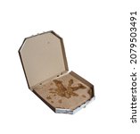 Small photo of unhealthy food concept. dirty pizza box isolated on white. empty cardboard pizza box. fatty food.