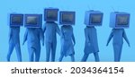 Group of people walking with an old television instead of head. Passive subjects. Control and manipulation of mass media. Television audience. 3D illustration. Copy space.