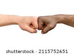 the hand of a white man and an African American are touching fists. on a white isolated background