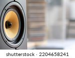 Sound Speaker. Loud Music Volume Concept Background. Professional studio equipment subwoofer close-up. High quality acoustic loudspeaker monitor. Hi-Fi acoustic sound system