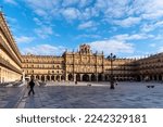 Small photo of Salamanca, Spain - January 15, 2022: Plaza Mayor of Salamanca. is a large plaza located in the center of Salamanca, used as a public square, built in Baroque style. Sunny day of winter